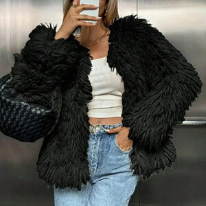 Black Casual Women's Fluffy Coat